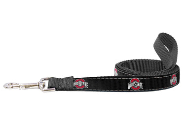 Ohio State Buckeyes Collegiate Woven Ribbon Dog Collar. Pet Lead. Adjustable Nylon Webbing. Snap Buckle and D-ring. Swivel Bolt Snap.