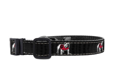 Georgia Bulldogs Collegiate Woven Ribbon Dog Collar. Pet Lead. Adjustable Nylon Webbing. Snap Buckle and D-ring. Swivel Bolt Snap.