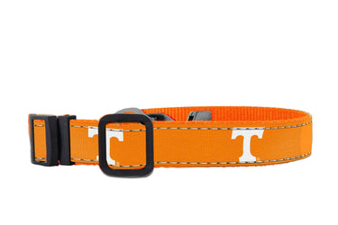 Tennessee Vols Collegiate Woven Ribbon Dog Collar. Pet Lead. Adjustable Nylon Webbing. Snap Buckle and D-ring. Swivel Bolt Snap.