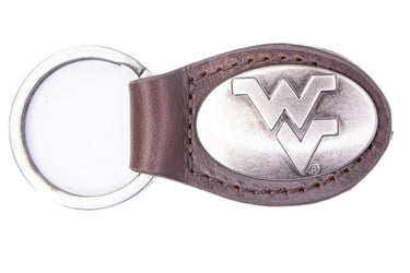 West Virginia Mountaineers Oval Leather Key Fob. Split Ring and Durable Stitching. Perfect Collegiate Key Chain Gift. Brown or Black Leather