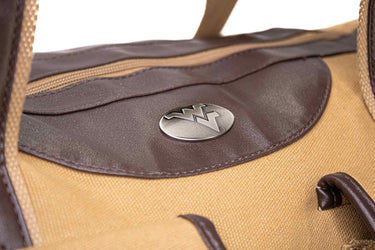WVU Mountaineers Canvas Weekender Bag - Khaki Waxed Canvas Duffel - Durable Water Resistant Bag - West Virginia Travel Bag - Overnight Case