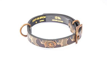 Turkey Hunting Old School Camo Leather Dog Collar - Antique Copper Logo