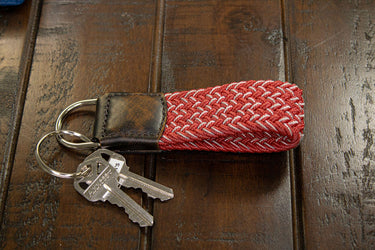 Braided Stretch Woven Crimson and White Keychain with Leather Accent