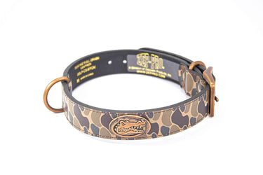 Florida Gators Old School Camo Leather Dog Collar - Antique Copper Logo