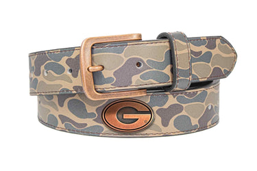 Georgia Bulldogs Old School Camo Leather Belt - Antique Copper Logo