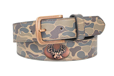 Buck Old School Camo Leather Belt - Antique Copper Logo