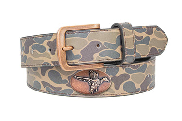 Mallard Old School Camo Leather Belt - Antique Copper Logo