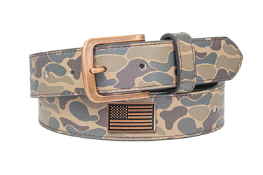 USA Flag Old School Camo Leather Belt - Antique Copper Logo
