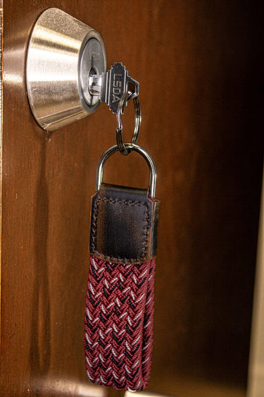 Braided Stretch Woven Garnet and Black Keychain with Leather Accent