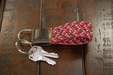 Braided Stretch Woven Garnet and Black Keychain with Leather Accent