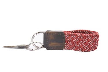 Braided Stretch Woven Crimson and White Keychain with Leather Accent