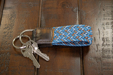 Braided Stretch Woven Blue and Red Keychain with Leather Accent