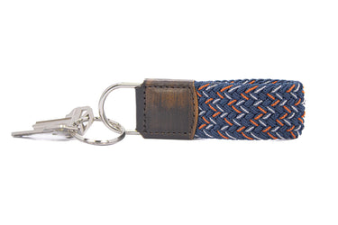 Braided Stretch Woven Navy and Orange Keychain with Leather Accent