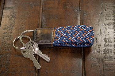 Braided Stretch Woven Navy and Orange Keychain with Leather Accent