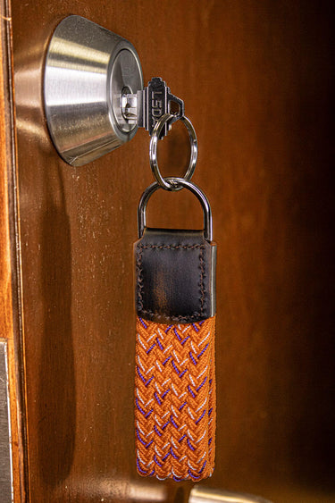 Braided Stretch Woven Orange and Purple Keychain with Leather Accent