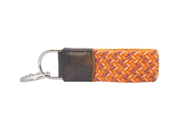 Braided Stretch Woven Orange and Purple Keychain with Leather Accent