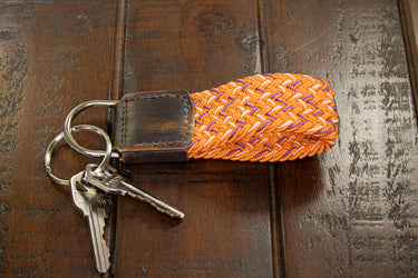 Braided Stretch Woven Orange and Purple Keychain with Leather Accent
