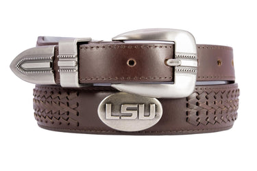 LSU Tigers Men's Collegiate Brown Leather Braided Belt With Metal Emblem Conchos.