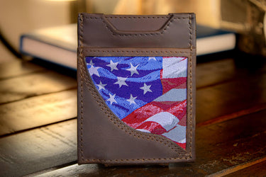 USA Flag Men's Magnetic Front Pocket Woven Patch Leather Wallet.