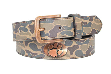 Clemson Tigers Old School Camo Leather Belt - Antique Copper Logo