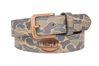 LSU Tigers Old School Camo Leather Belt - Antique Copper Logo