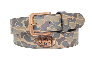 Mississippi State Bulldogs Old School Camo Leather Belt - Antique Copper Logo