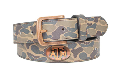 Texas A&M Aggies Old School Camo Leather Belt - Antique Copper Logo