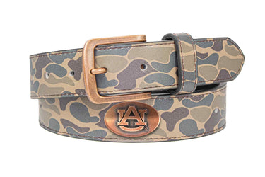 Auburn Tigers Old School Camo Leather Belt - Antique Copper Logo
