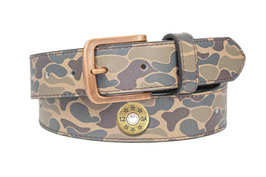 Shotshell Old School Camo Leather Belt - Antique Copper Logo