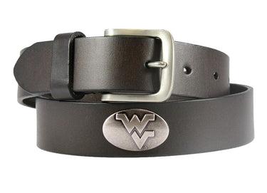 West Virginia Mountaineers Kids Collegiate Brown Leather Belt With Metal Emblems - Sizes S,M,L,XL