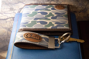 Ole Miss Rebels Old School Camo Leather Loop Keychain.