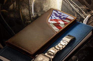 USA Flag Men's Secretary Tall Woven Patch Leather Wallet.