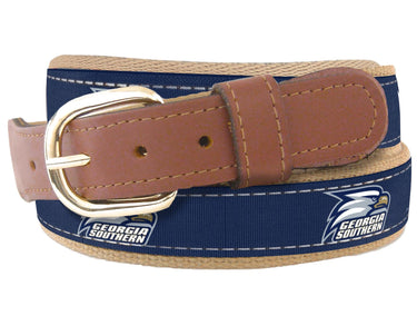 Youth Size Georgia Southern Eagles Collegiate Woven Ribbon Belt. Tan Full Grain Leather Tabs. Boys Size GSU Belt. Kids GSU Ribbon Belt.