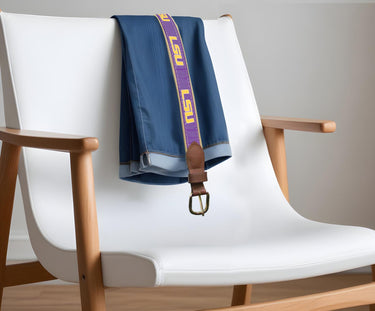 Youth Size LSU Tigers Collegiate Woven Ribbon Belt. Tan Full Grain Leather Tabs. Boys Size Tigers Belt. Kids LSU Ribbon Belt.