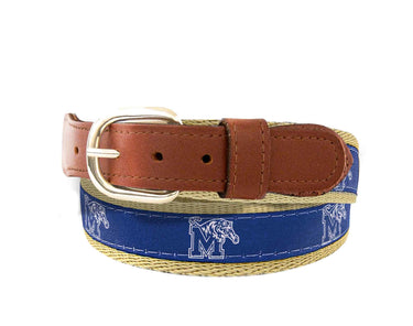 Youth Size Memphis Tigers Collegiate Woven Ribbon Belt. Tan Full Grain Leather Tabs. Boys Size Tigers Belt. Kids Memphis Ribbon Belt.
