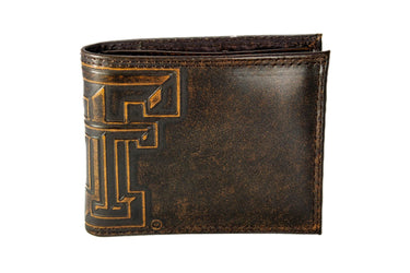 Texas Tech Red Raiders Men's Collegiate Bifold Leather Wallet. Brown Burnished Full Grain Finish With Large Debossed Logo