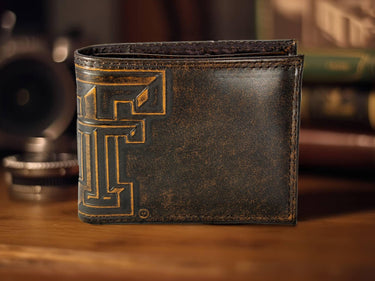 Texas Tech Red Raiders Men's Collegiate Bifold Leather Wallet. Brown Burnished Full Grain Finish With Large Debossed Logo