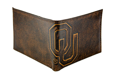 Oklahoma Sooners Men's Collegiate Bifold Leather Wallet. Brown Burnished Full Grain Finish With Large Debossed Logo