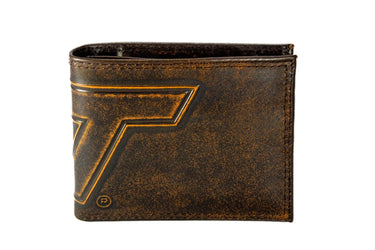 Virginia Tech Hokies Men's Collegiate Bifold Leather Wallet. Brown Burnished Full Grain Finish With Large Debossed Logo
