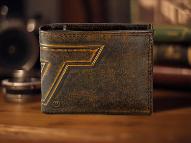 Virginia Tech Hokies Men's Collegiate Bifold Leather Wallet. Brown Burnished Full Grain Finish With Large Debossed Logo