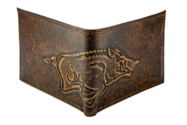 Arkansas Razorbacks Men's Collegiate Bifold Leather Wallet. Brown Burnished Full Grain Finish With Large Debossed Logo