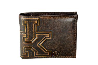 Kentucky Wildcats Sooners Men's Collegiate Bifold Leather Wallet. Brown Burnished Full Grain Finish With Large Debossed Logo