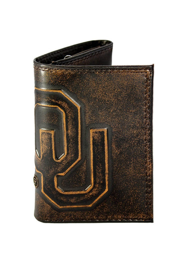 Oklahoma Sooners Men's Collegiate Trifold Leather Wallet. Brown Burnished Full Grain Finish With Large Debossed Logo