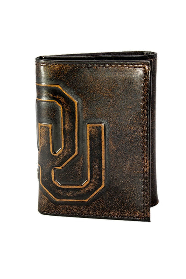 Oklahoma Sooners Men's Collegiate Trifold Leather Wallet. Brown Burnished Full Grain Finish With Large Debossed Logo