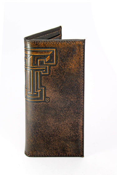 Texas Tech Red Raiders Men's Collegiate Secretary Leather Wallet. Brown Burnished Full Grain Finish With Large Debossed Logo