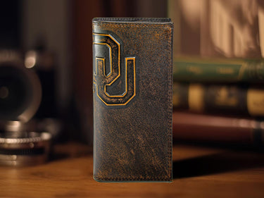 Oklahoma Sooners Men's Collegiate Secretary Leather Wallet. Brown Burnished Full Grain Finish With Large Debossed Logo
