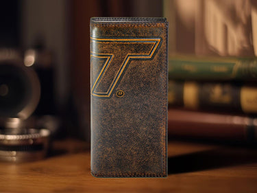 Virginia Tech Hokies Men's Collegiate Secretary Leather Wallet. Brown Burnished Full Grain Finish With Large Debossed Logo