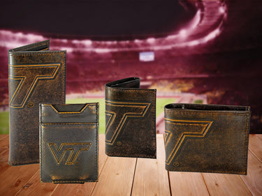 Virginia Tech Hokies Men's Collegiate Secretary Leather Wallet. Brown Burnished Full Grain Finish With Large Debossed Logo