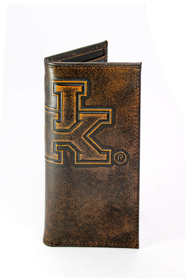 Kentucky Wildcats Men's Collegiate Secretary Leather Wallet. Brown Burnished Full Grain Finish With Large Debossed Logo