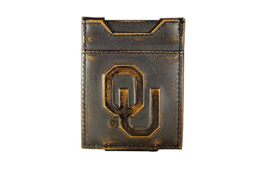 Oklahoma Sooners Men's Collegiate Magnetic Front Pocket Leather Wallet. Brown Burnished Full Grain Finish With Debossed Logo